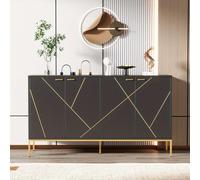 Aparador - Mueble aparador - Armario de almacenamiento - Armario - Buffet - Color negro con detalles dorados - Con 4 puertas y patas metálicas