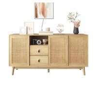 Aparador naturaleza para salón y comedor mueble auxiliar de madera mdf buffet con 3 puertas correderas de ratán natural 2 cajones y patas de madera maciza 155x38x80cm madera