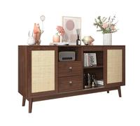 Aparador naturaleza para salón y comedor mueble auxiliar de madera mdf buffet con 3 puertas correderas de ratán natural 2 cajones y patas de madera maciza 155x38x80cm madeira escura