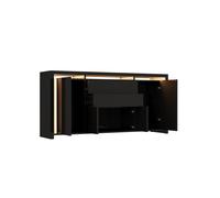 Aparador negro alto brillo con 4 puertas y 2 cajones, mueble de almacenaje moderno con iluminación LED y diseño minimalista elegante