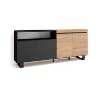 Aparador para salón, gran capacidad de almacenaje, 200x35x87cm, 4 puertas, diseño industrial, estilo moderno, roble y negro