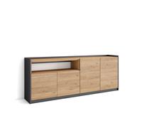 Aparador para salón, gran capacidad de almacenaje, 207x37x80 cm, 4 puertas, armario, zapatero, estilo moderno, roble y negro
