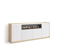 Aparador para Salón Skraut Home, Gran capacidad de almacenaje, 207x37x80 cm, 4 Puertas, Chimenea eléctrica White and soft oak