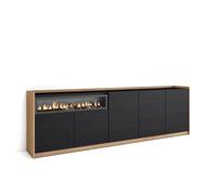 Aparador para Salón Skraut Home, Gran capacidad de almacenaje, 260x37x80 cm, 5 Puertas, Chimenea eléctrica Black and oak