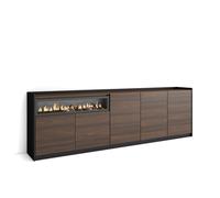 Aparador para Salón Skraut Home, Gran capacidad de almacenaje, 260x37x80 cm, 5 Puertas, Chimenea eléctrica Dark oak and black
