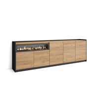 Aparador para Salón Skraut Home, Gran capacidad de almacenaje, 260x37x80 cm, 5 Puertas, Chimenea eléctrica Oak and black