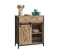 Aparador Relaxdays con Puerta corredera, HBT: 80 x 70 x 30 cm, 4 estantes, Mueble Auxiliar Cocina/salón, Natura/Negro