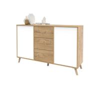 Aparador salón oslo, mueble almacenaje comedor, auxiliar 3 cajones 2 puertas roble gold y blanco mate 140x89x40 cm