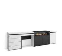 Aparador Skraut Home, 277x35x75cm, Chimenea led efecto fuego 3d, Cómoda, Cajonera de cuatro cajones, Tocador con cajón White