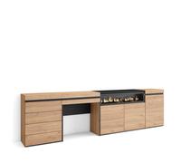 Skraut Home, Aparador, 277x35x75cm, Chimenea led efecto fuego 3d, Cómoda, Cajonera de cuatro cajones, Tocador con cajón Oak