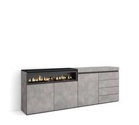 Skraut Home, Aparador, Con módulo de 1 puerta para almacenamiento, 207x35x75cm, Chimenea eléctrica efecto llama 3d, Cómoda, Cajonera de cuatro cajones Cement