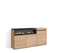 Aparador Skraut Home, Con módulos dos puertas, 157x35x75cm, Chimenea eléctrica led efecto fuego 3d, Cómoda, Cajonera con cuatro cajones Oak