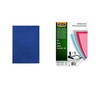 Apex 65011 Pack de 100 portadas cartulina imitación cuero A4, color azul + Fellowes Portadas para encuadernar de PVC transparente, formato A4, 150 micras, pack de 100
