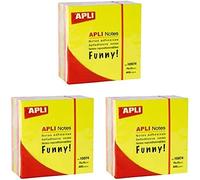 APLI 10974 - Notas adhesivas FUNNY 75 x 75 mm cubo de 400 hojas 4 colores surtidos fluorescente, Paquete de 3