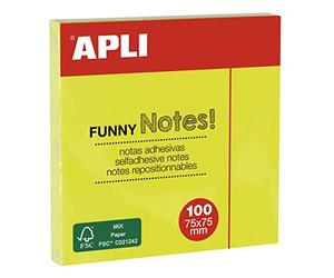 APLI 11897 - Notas adhesivas FUNNY 75 x 75 mm bloc de 100 hojas color amarillo fluorescente neón