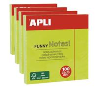 APLI 11899 - Notas adhesivas FUNNY 75 x 75 mm bloc de 100 hojas color verde fluorescente (Paquete de 4)