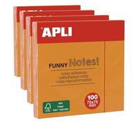 APLI 11900 - Notas adhesivas FUNNY 75 x 75 mm bloc de 100 hojas color Naranja Flúor (Paquete de 4)