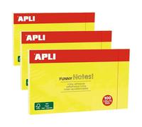 Apli 15002 Funny Notas Adhesivas, 125 x 75 mm, Bloc De 100 Notas Autoadhesivas, Color Amarillo Flúor (Paquete de 3)
