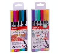 APLI 20289 - Pack de 12 brush markers de doble punta (redonda de 1 mm y pincel de 1-4 mm); rotuladores acuarelables en colores clásicos y pastel.