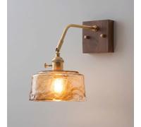 Aplique de Pared de Madera de Nogal, Lámpara de Pared de Latón, Lámpara de Pared Vintage con Pantalla de Cristal Ámbar, Iluminación de Lectura de Mesita de Noche de Mediados de Siglo para Dormitorio,