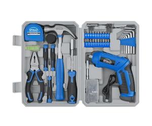 Apollo Tools DT2020 - Juego de herramientas para el hogar de 81 piezas con destornillador inalámbrico USB de iones de litio de 3.6 V, mango giratorio, luz LED, herramientas manuales y kit para colgar