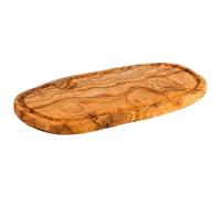 APS 1021 Olive - Tabla para servir (34,5 x 18,5 cm, altura 2 cm, con surco para zumo, madera de olivo, desviación natural en forma, vetas y tamaño)
