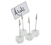 APS Juego de 4 soportes para tarjetas transparentes, soporte para fotos con abrazadera, soporte para tarjetas de acrílico, incluye dos tarjetas blancas de 3 cm de diámetro, 12 cm de altura