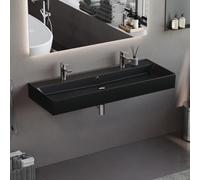 Aqua Bagno lavabo doble negro mate 120 cm, encimera doble de cerámica, lavabo rectangular con dos orificios para grifo y rebosadero, para montaje mural o mueble de baño