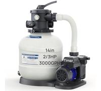 AQUASTRONG Bomba de filtro de arena de 14 pulgadas para piscinas sobre el suelo, bomba de piscina de 2/3 HP con temporizador, caudal de 3000 GPH para piscinas de hasta 13,000 galones, válvula de 6