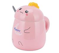 Aramox Taza de Cerámica con Tapa y Cuchara Taza de café de Leche de Cerámica y Acero Inoxidable de 450 Ml con Asa para el Hogar, Oficina, Cafetería, Viajes Escolares (Cuchara Feliz Rosa Con Tapa)
