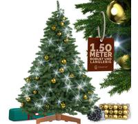 Árbol de Navidad artificial Premium 150 cm + bolas doradas + guirnalda de luces blanco frío