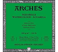 Arches 1795059 - Papel de Acuarela en Bloc (20 x 20 cm, encolado por 4 Caras, 300 g/m², Grano Fino), 20 Hojas, Color Blanco Natural