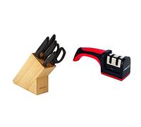Arcos 815000 Juego de Cuchillos de Cocina, Acero Inoxidable Nitrum, Negro, Estandar + Afiladores, Afilador de Cuchillos de Mano, Hecho de ABS + TPE, Rodillos Cerámico y Carburo, Color Rojo y Negro