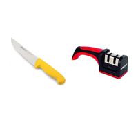 Arcos Cuchillo Carnicero la Serie 2900 7 pulgadas Acero Inoxidable Nitrum, Cuchillo Carne, Mango Polipropileno, Amarillo & Afilador Profesional con Mango Ergonómico de Uso Manual Rojo y Negro