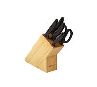 ARCOS Juego de Cocina de 5 Piezas con Bloque | Set de 4 cuchillos y tijeras en bloque de madera con hoja de acero inoxidable y mango de polipropileno Serie Niza Color Negro