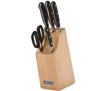ARCOS Riviera - Bloque de 4 Cuchillos + 1 Tijeras - Acero Inoxidable Forjado Nitrum® - Mango Negro de POM - Taco de Madera