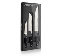 Arcos Riviera - Juego de Cuchillos de Cocina Profesional (Mondador 100 mm, Santoku 140 mm, Chef 200 mm) - Acero Inoxidable Forjado NITRUM, Mango Ergonómico Negro - 3 Piezas en Estuche