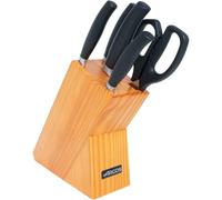 Arcos Serie Clara - Juego 4 Cuchillos de Cocina (Mondador + Chef + Panero + Jamonero) + 1 Tijeras - Acero Inoxidable Forjado NITRUM - Mango Inyectado de Polipropileno - Color Negro