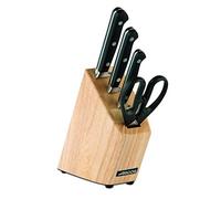 Arcos Serie Clasica, Juego de Cuchillos de 4 piezas en Caja de Regalo, 3 Cuchillos + Tijera, Hoja de Acero Inoxidable Forjado Nitrum, Mango de Polioximetileno, POM, Bloque de madera color Marrón