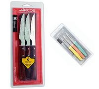 Arcos Serie Cuchillos de Mesa Juego de 6 Cuchillos Chuleteros, Hoja Serrada de Acero Inoxidable NITRUM de 110 mm, Mango Madera comprimida + Nova, Set 3 Cuchillos Mondadores, Acero Inoxidable 85 mm