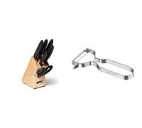 Arcos Serie Niza - Juego de Cuchillos de 6 piezas (5 Cuchillos + 1 Tijeras),color Marrón & Gadgets Profesionales, Pelador de Frutas Pelador de Verdura, Acero Inoxidable Cromado, Color Plata, 110 mm
