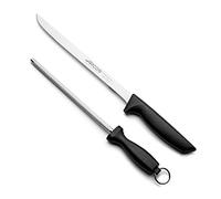 Arcos Serie Niza - Set Jamoneri - Cuchillo Jamonero + Chaira - Hoja de Acero Inoxidable NITRUM de 240 mm - Mangos fabricados en Polipropileno (PP) Color Negro