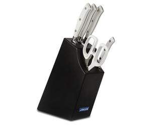Arcos Serie Riviera Blanc - Juego de Cuchillos de 5 piezas en Caja de Regalo (4 Cuchillos + 1 Tijeras) - Hoja de Acero Inoxidable Forjado NITRUM - Mango de Polioximetileno (POM) - Bloque de madera de color negro lacado