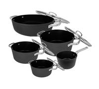 Arcos Serie Samoa | Batería de Cocina 5 piezas | Aluminio Forjado | Full Inductino | Asas Acero Inoxidable Efecto Frio | Sistema ahorro energético | Apta lavavajillas | Color Negro