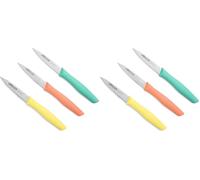 Arcos Set Cuchillos Mondadores. 3 Piezas Acero Inoxidable. Cuchillos Cocina Peladores Multicolor para Pelar Frutas y Verduras. Mango Ergonómico Polipropileno. Serie Nova. Naranja, Amarillo y Azul.