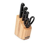 Arcos Universal Conjunto 4 Piezas 3 Cuchillos + Tijeras POM Negro | 3 cuchillos + 1 tijeras, 1670 g, bloque de madera de pino. Mango de polioximetileno (POM), negro.
