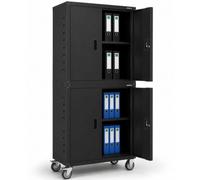 Arebos Armario archivador de oficina, negro, 195 x 40 x 90 cm, juego de 2 unidades, 4 puertas, con ruedas, 2 estantes ajustables en altura, con cerradura cilíndrica