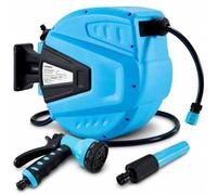 Arebos Carrete de Manguera de Jardín Automático | Enrollador de manguera | Carrete para Manguera | Manguera de Jardín 30 m | 180° Giratorio | Azul