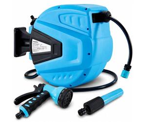 Arebos Carrete de Manguera de Jardín Automático | Enrollador de manguera | Carrete para Manguera | Manguera de Jardín 30 m | 180° Giratorio | Azul