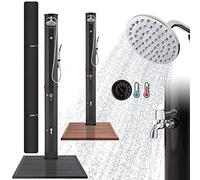 Arebos Ducha solar de 60 L y elemento de suelo antracita, con ducha de mano y termómetro, temperatura del agua hasta 60 °C, ducha de piscina para camping, cabezal de ducha redondo, tecnología Snap-in,